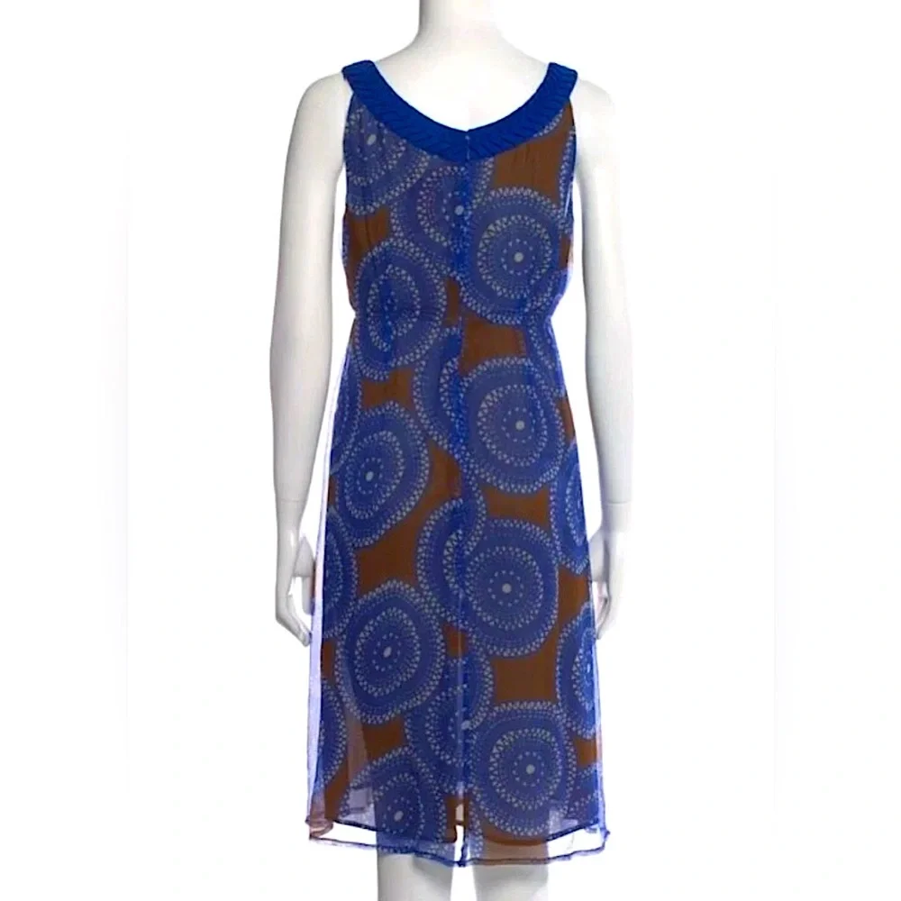 Tory Burch Silk Blue Brown Florisa Sleeveless Dress Geometric Circle Print Sz 12